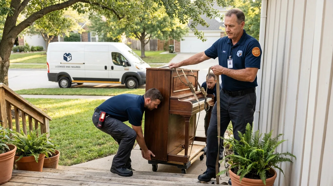 Licensed piano movers securing grand piano in Ware, MA