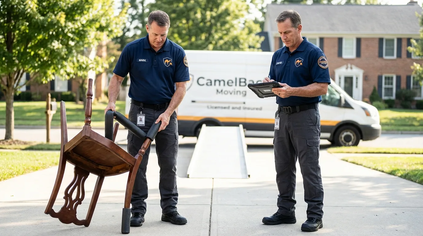 Movers inspecting furniture for damage prevention before loading in Ware, MA