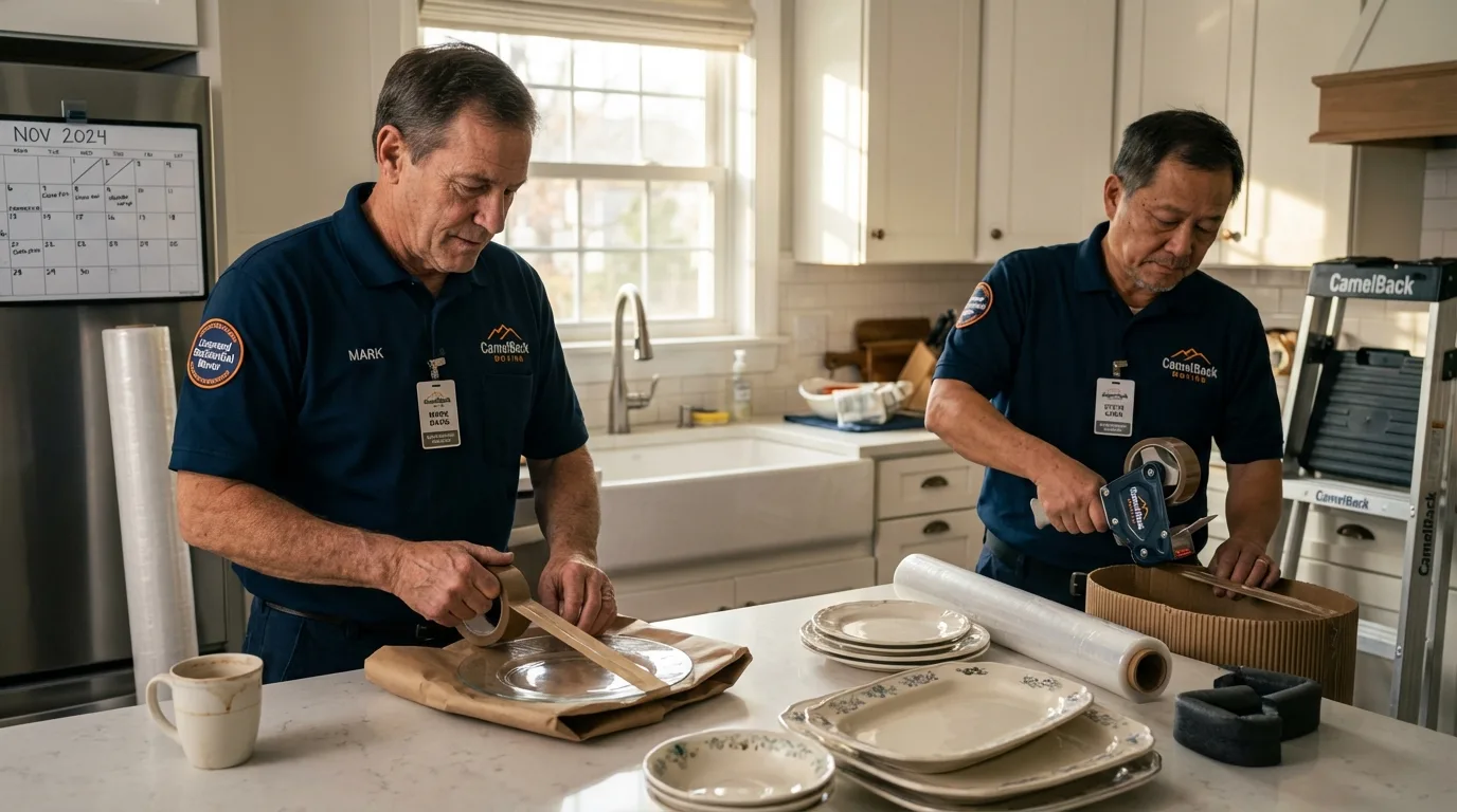 Professional crew packing kitchen dishware in Ware, MA